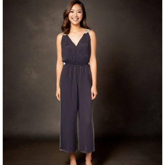 Michael Kors Satin Black Rhinestone Jumpsuit Medium Formal New Designer Pants - Picture 1 of 10